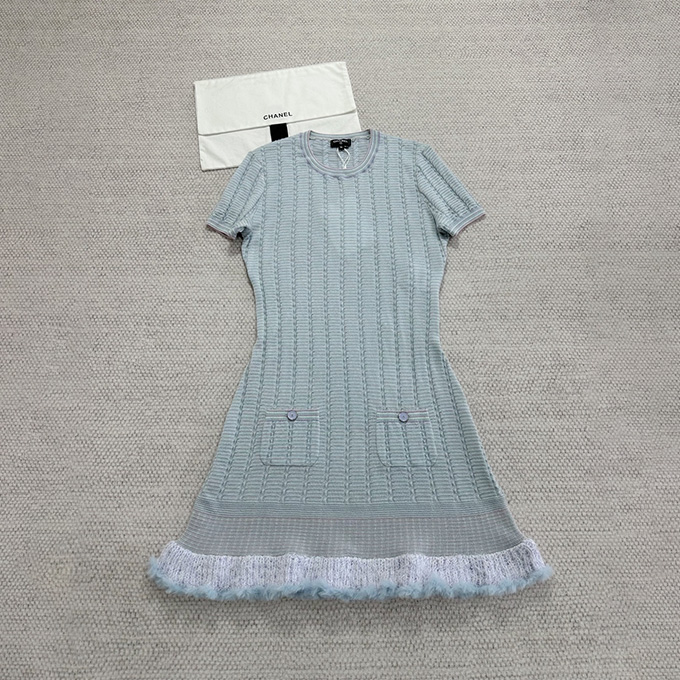 chanel openwork rib knit crew neck short sleeve mini dress